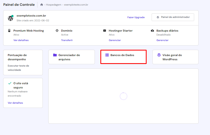 Seção de banco de dados no painel de controle inicial da hospedagem Hostinger