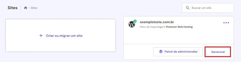 Botão de gerenciar site na hospedagem