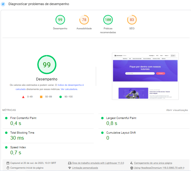 Relatório do PageSpeed Insights sobre um site, usando dados de ambiente de testes simulado