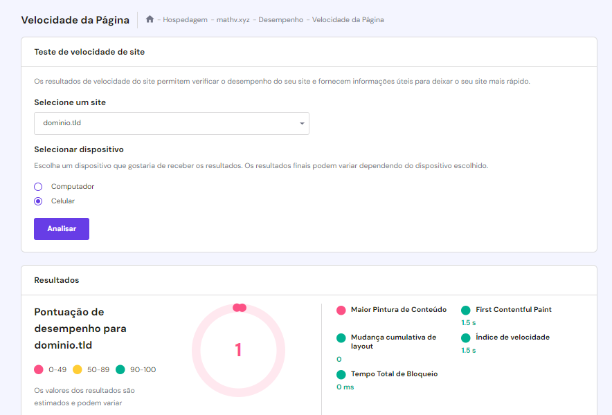 Relatório do PageSpeed Insights no hPanel