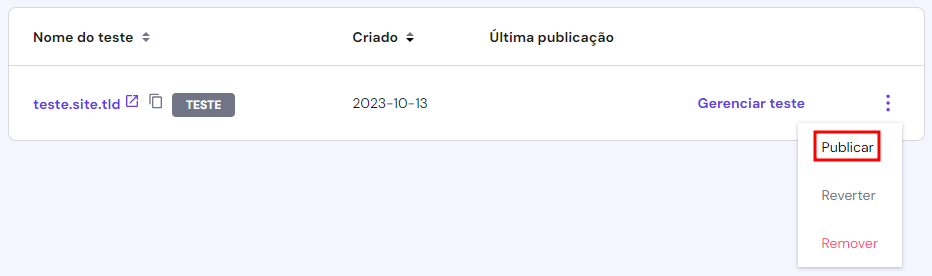 Destaque para o botão de publicação da nova versão do site a partir do ambiente de testes