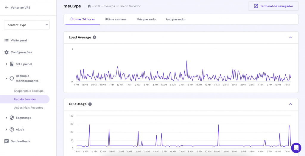 seção uso do servidor vps no hpanel