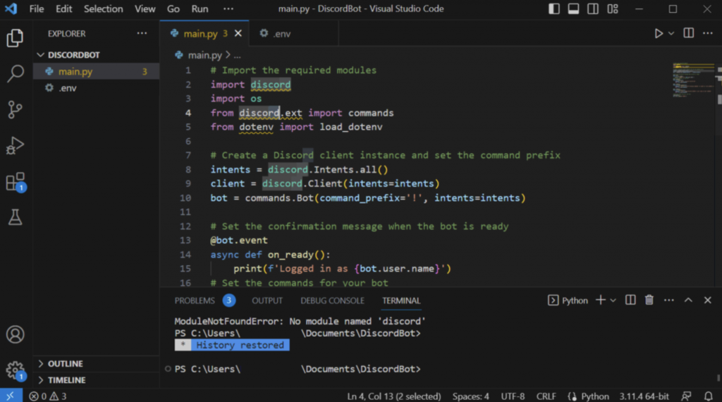 codificando bot para discord no vscode