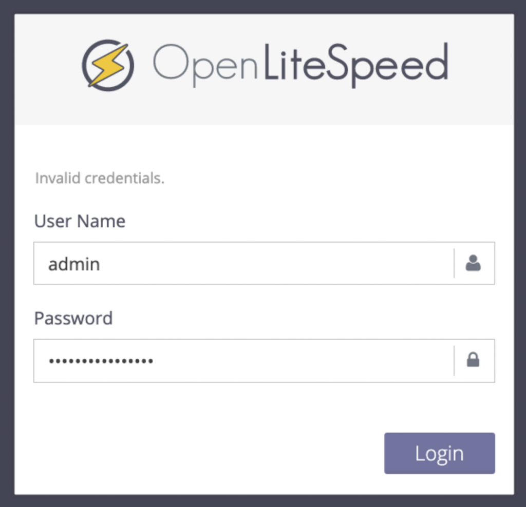 tela de login do openlitespeed