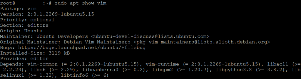 comando apt mostrando informações sobre o pacote vim