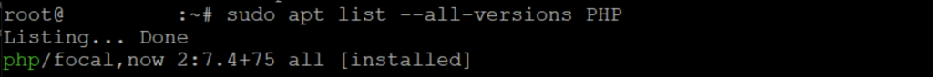 comando apt mostrando todas as versões de pacotes PHP instaladas