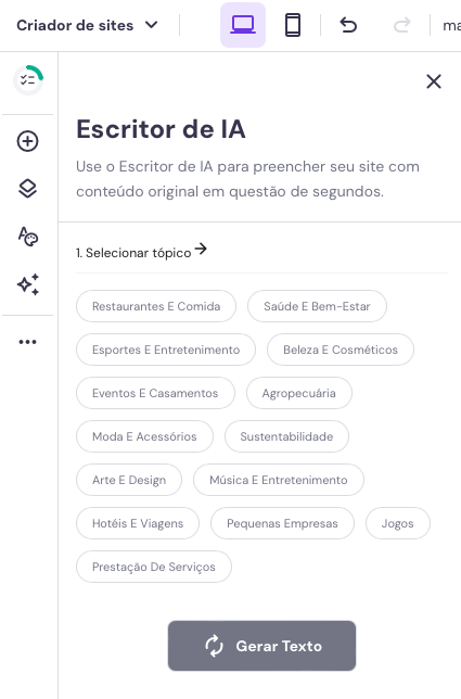 escritor de ia no criador de sites da hostinger