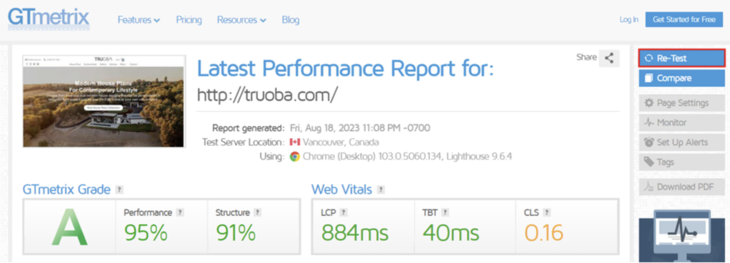 botão "re-test" no GTMetrix