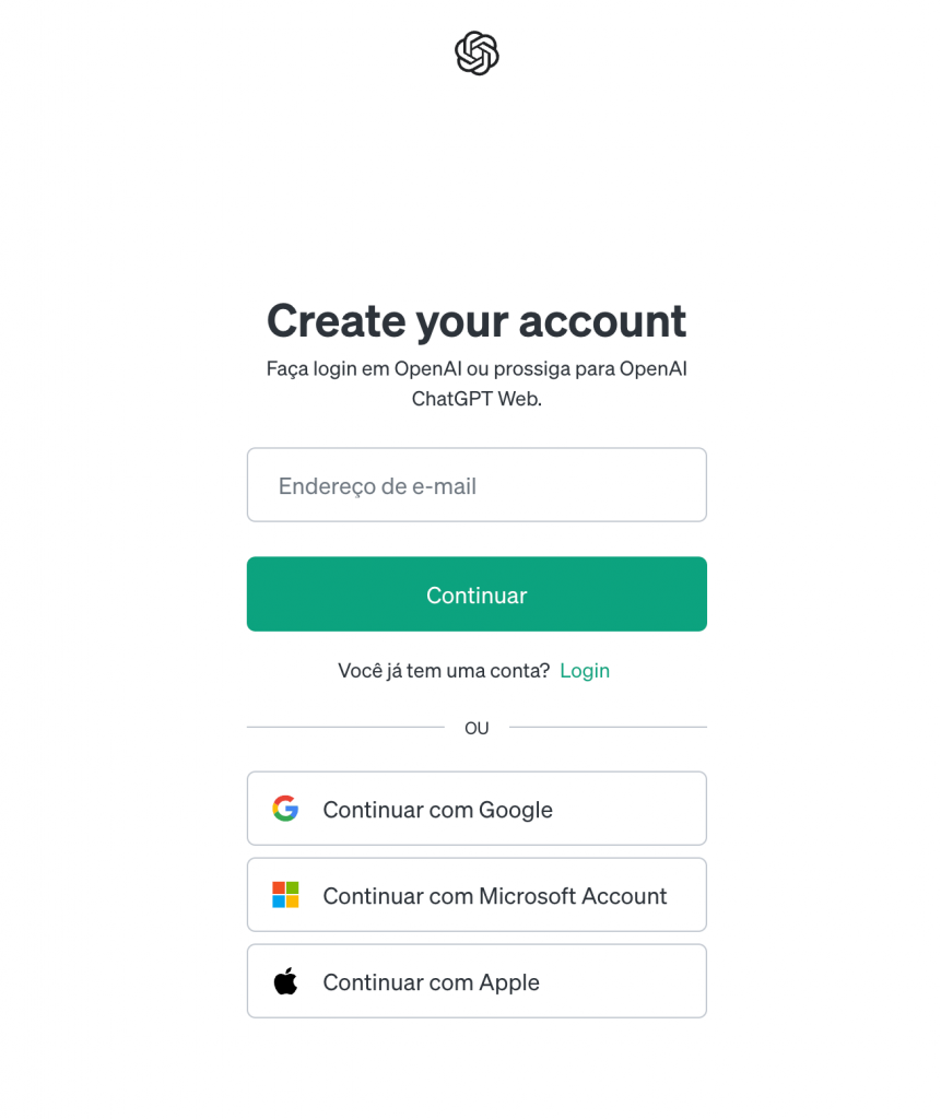 Página de criação de conta da OpenAI