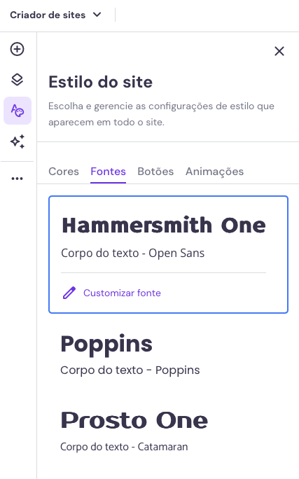 seletor de fontes no criador de sites da hostinger