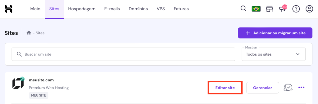 botão editar site no menu  sites do hpanel