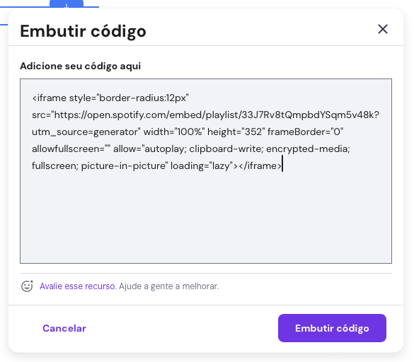 embutindo código do Spotify no criador de sites da hostinger