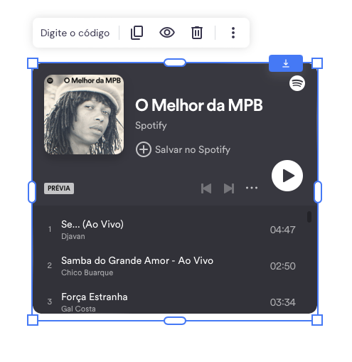embutindo playlist do Spotify no criador de sites da hostinger