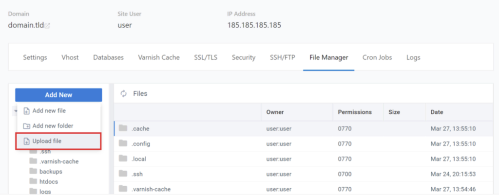 opção upload file no cloudpanel