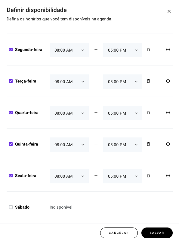 configurando sua disponibilidade no setor de agendamentos da loja virtual no criador de sites da hostinger