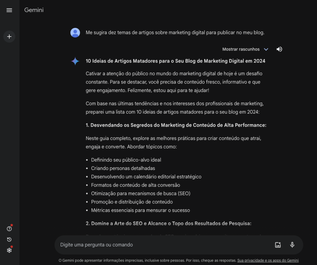 pedindo ao google gemini que dê sugestões de posts sobre marketing digital para um blog