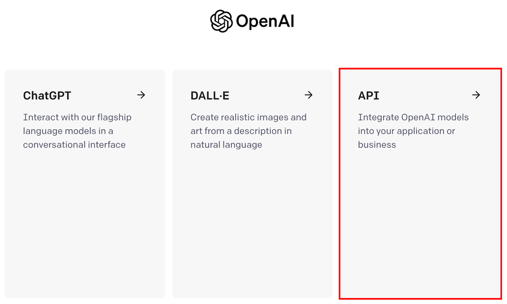 Captura de tela da seleção de API do site da OpenAI.