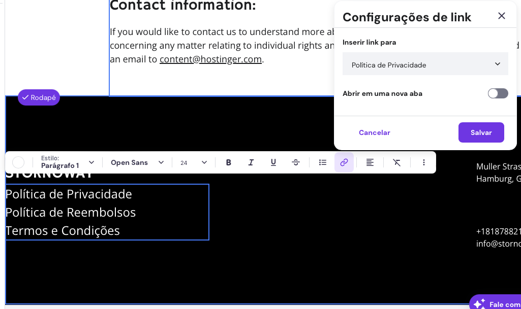 adicionando link para política de privacidade no rodapé do site criado no criador de sites da hostinger