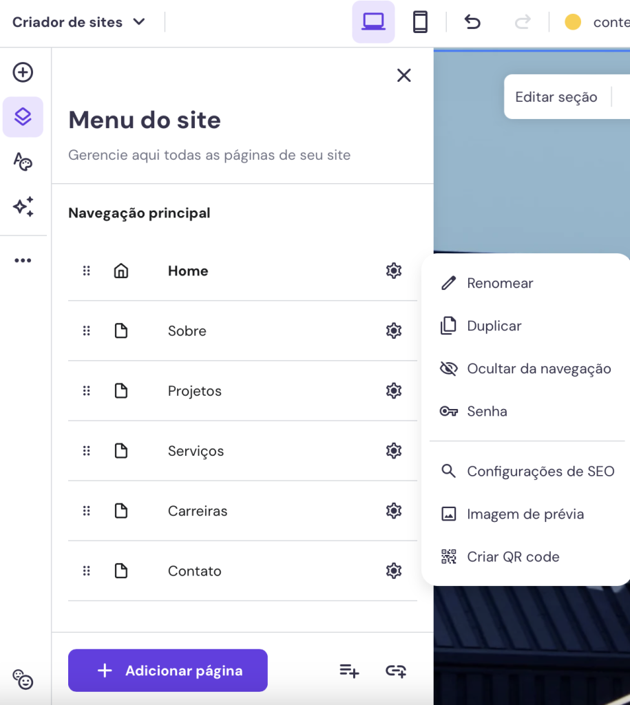 opções do menu do site no criador de sites da hostinger