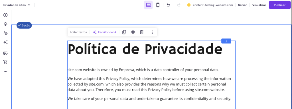 política de privacidade no criador de sites da hostinger