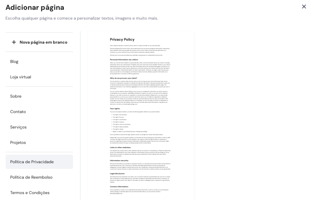 adicionando páginas de avisos legais (política de privacidade, política de reembolsos e termos e condições) no criador de sites da hostinger