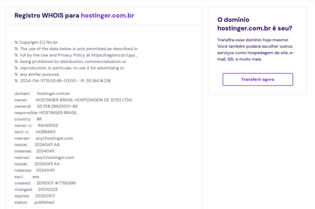 consultando informações do domínio hostinger.com.br na pesquisa whois da hostinger