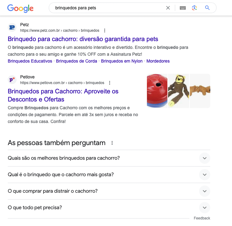 resultados do google para a busca "brinquedos para pets"