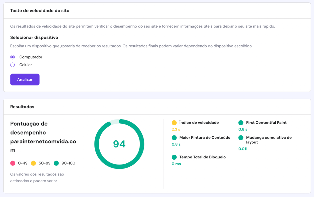 Painel de otimização de sites da Hostinger