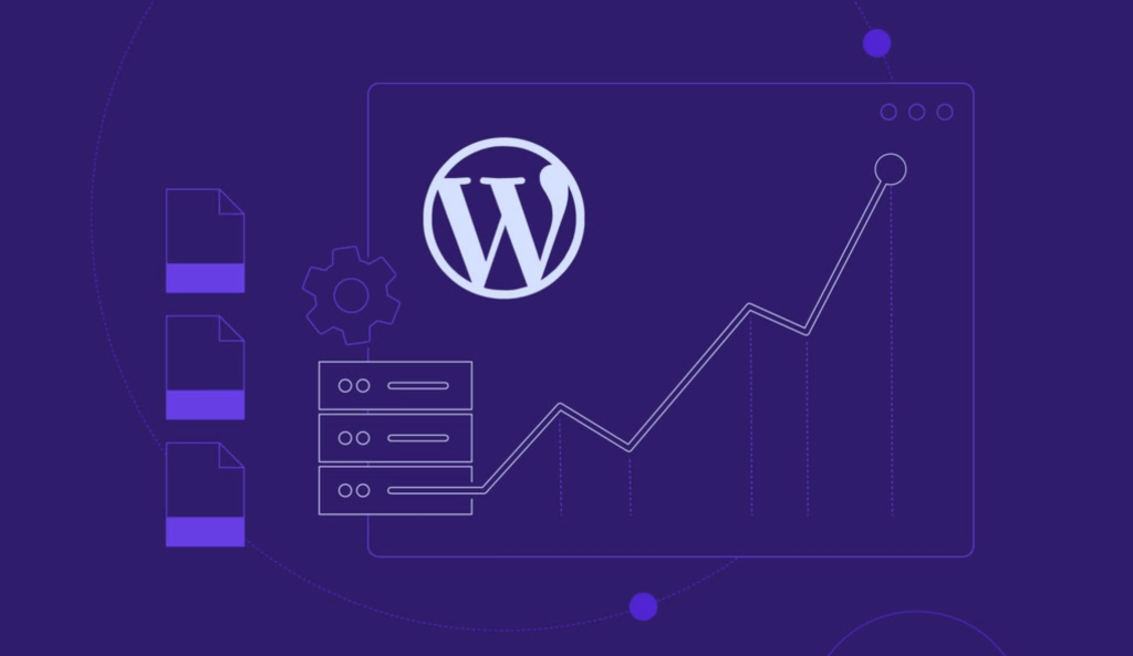 Imagem com design da Hostinger em roxo com logo do WordPress