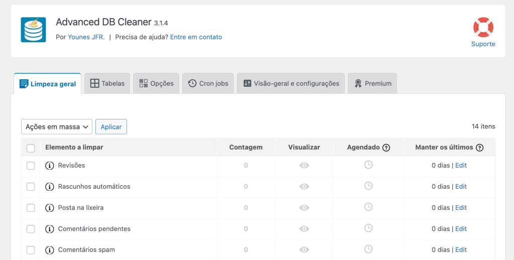 Painel de otimização do Advanced DB Cleaner