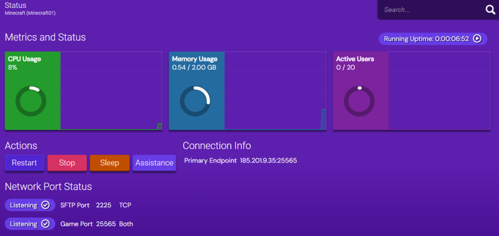 monitoramento de recursos do game panel da hostinger