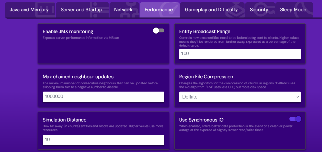 menu de configurações do minecraft no game panel da hostinger