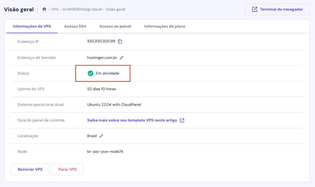 Verificar se o status do VPS está Em atividade no painel VPS do hPanel