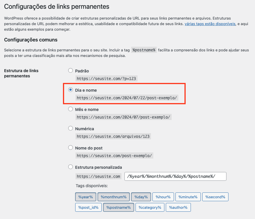 configurando links permanentes do wordpress para dia e nome