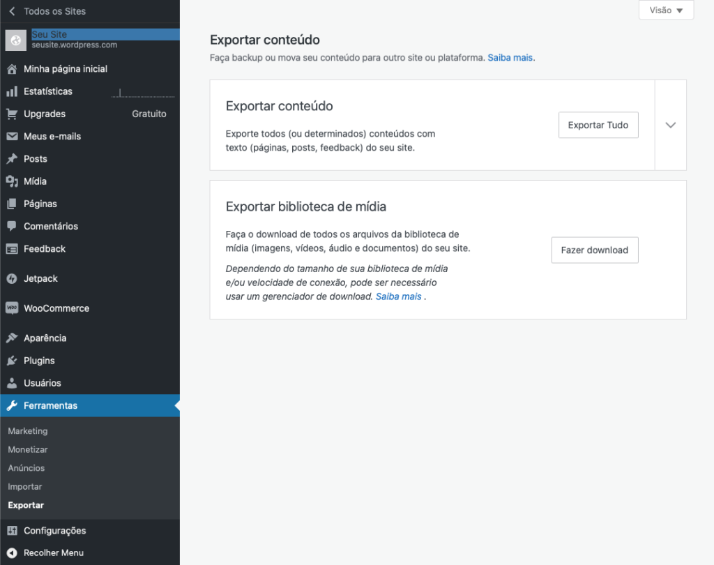 exportando conteúdo de site wordpress.com