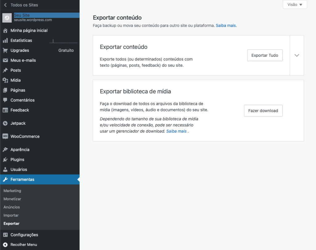 exportando conteúdo de site wordpress.com