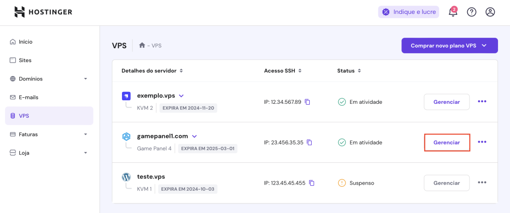 botão de gerenciar game panel no hpanel da hostinger