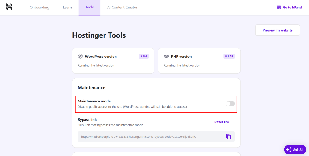 modo de manutenção do hpanel