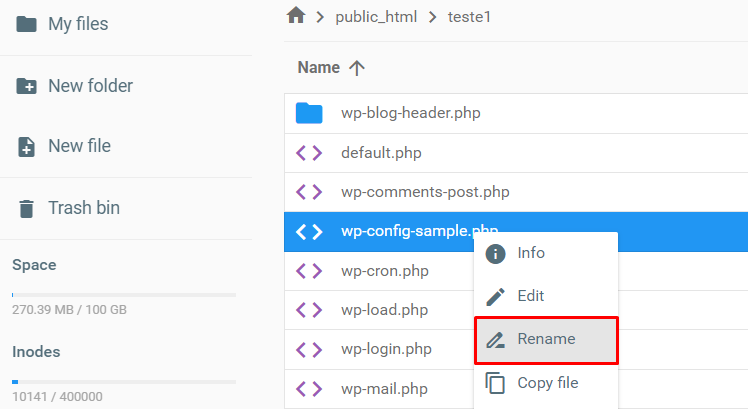 Renomeando o arquivo wp-config-sample.php do subdomínio