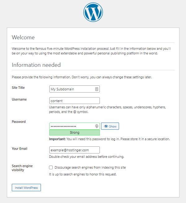 Preenchendo informações e configurações para concluir o processo de instalação do WordPress no subdomínio