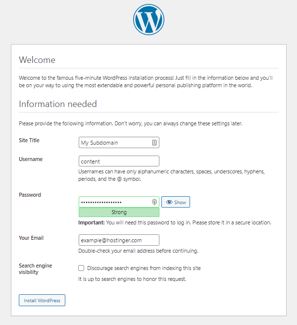 Preenchendo informações e configurações para concluir o processo de instalação do WordPress no subdomínio