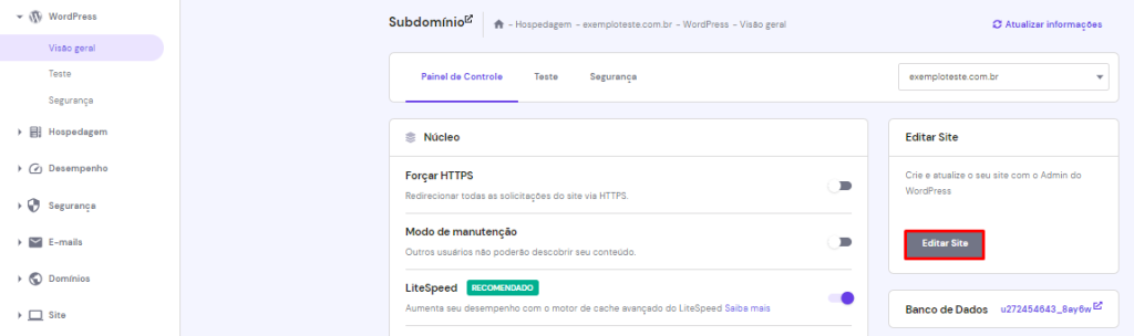 Destaque para o botão de Editar site localizado na seção de visão geral do hPanel