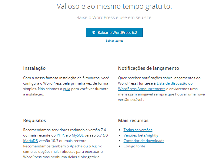 Página de download do site do WordPress