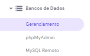 seção de gerenciamento de banco de dados selecionada no menu lateral do hPanel