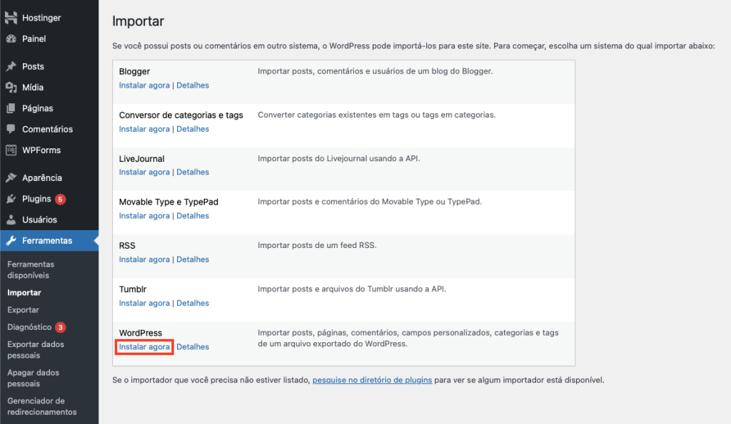 instalando importador de conteúdo do wordpress