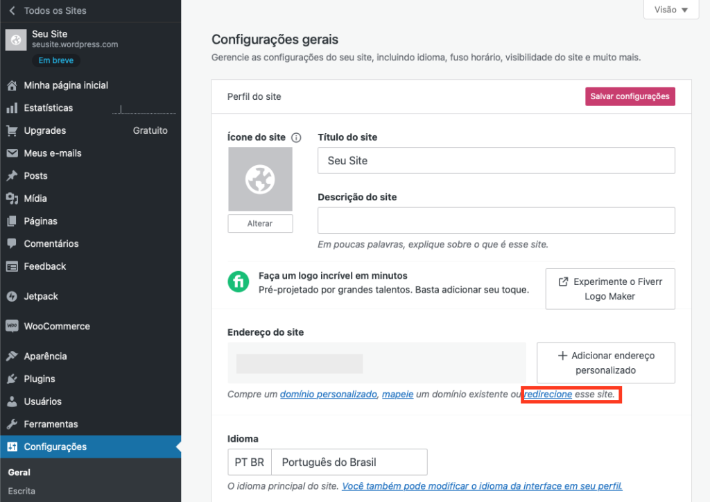 opção de redirecionar site wordpress.com
