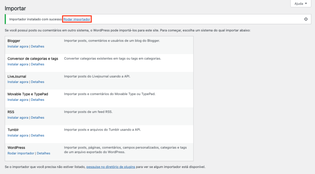 rodando importador do wordpress