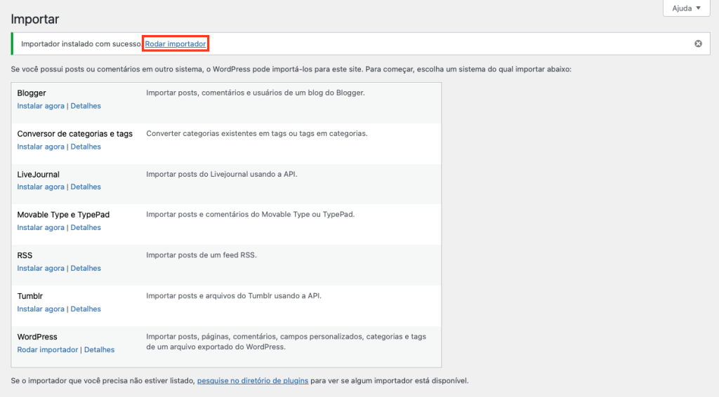 rodando importador do wordpress