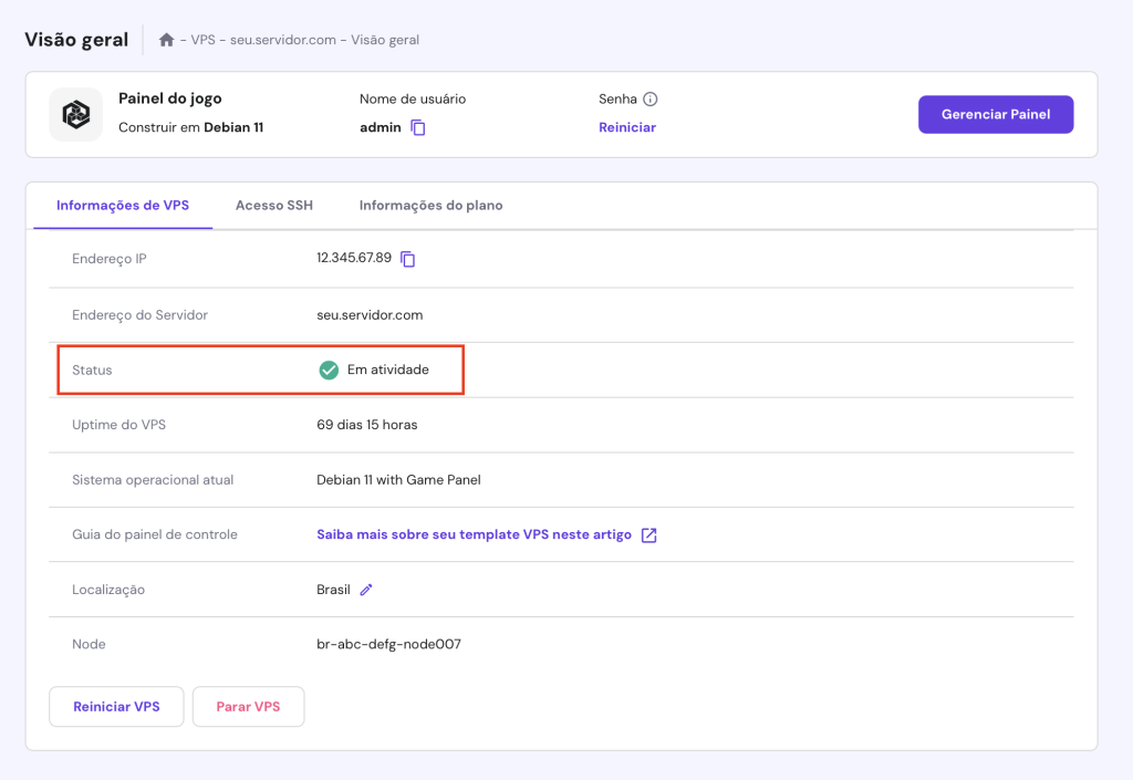 verificando se o servidor vps está em atividade no hpanel (game panel)