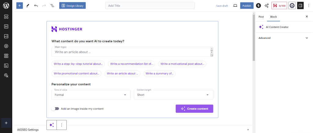 editor de blocos do wordpress com assistente ia da hostinger